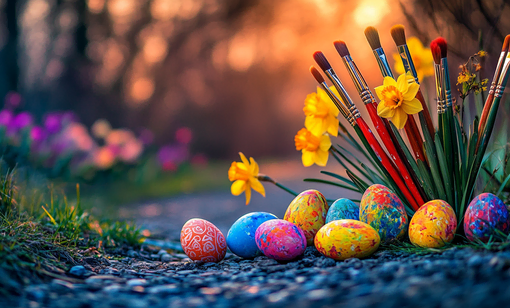 Färgglada, handmålade påskägg ligger på en grusväg omgiven av vårblommor i solnedgångens varma ljus. En bunt penslar står upp tillsammans med gula påskliljor, vilket symboliserar kreativitet och påskens konstrunda. Bakgrunden är en vacker suddig vårmiljö med blommande natur.